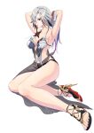  1girl adapted_costume arlecchino_(genshin_impact) armpits arms_behind_head arms_up bare_legs bare_shoulders bikini black_hair breasts collarbone commentary_request genshin_impact grey_hair hair_tie_in_mouth high_heels highres medium_breasts mouth_hold multicolored_hair navel sandals sarong simple_background solo streaked_hair swimsuit thighs wagashi425 white_background 