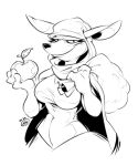 anthro apple bag black_and_white breasts cloak clothing curvy_figure deer eyelashes female food fran_(wrappedmongoose) fruit grin holding_food holding_object hourglass_figure looking_at_viewer mammal monochrome navel plant sack shirt smile smirk solo spunky_(artist) tank_top thief topwear
