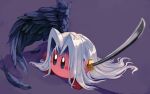  absurdres black_wings blush_stickers commentary copy_ability cosplay deleca7755 feathers final_fantasy final_fantasy_vii grey_hair highres holding holding_sword holding_weapon kirby kirby_(series) looking_at_viewer masamune_(ff7) purple_background sephiroth sephiroth_(cosplay) single_wing solid_oval_eyes solo super_smash_bros. sword weapon wings 