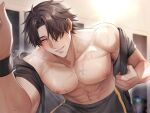  abs album_cover azmada_itto black_shorts blue_eyes blush brown_eyes collarbone cover hair_over_one_eye indoors leaning_forward muscular nipples official_art open_clothes open_shirt original pectorals shorts smile sweat upper_body wristband 