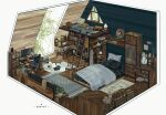  artist_name bed book bookshelf chair clock commentary_request computer cup desk_lamp indoors isometric ladder lamp monitor no_humans original pillow plant potted_plant quacx3 scenery scroll shelf stool teacup treasure_chest window 