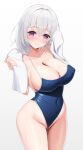  1girl azur_lane bare_shoulders blue_one-piece_swimsuit breasts cleavage closed_mouth collarbone covered_nipples cowboy_shot gradient_background highleg highleg_swimsuit highres humo large_breasts light_smile looking_at_viewer mole mole_under_mouth one-piece_swimsuit purple_eyes san_jacinto_(azur_lane) short_hair solo standing swimsuit thighs towel wet white_hair 