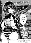  1girl ammunition_box ass ass_freckles body_freckles box breasts commentary curvy ear_piercing earrings english_commentary english_text freckles gekikara_(tomboy-sama) greyscale gun highres holding holding_box holding_gun holding_weapon jacket jewelry large_breasts looking_at_viewer looking_back monochrome multiple_earrings original panties piercing pov red_eyes ryona_(tomboy_sama) scar scar_on_face short_hair speech_bubble spot_color striped_clothes striped_panties underwear weapon 