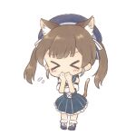  &gt;_&lt; 1girl animal_ear_fluff animal_ears blush brown_hair cat_ears cat_girl cat_tail chibi closed_eyes covering_own_mouth dress flying_sweatdrops hat highres indie_virtual_youtuber itigori_ena long_hair socks solo tail twintails tyakomis virtual_youtuber 