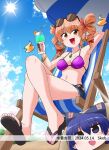  1girl blue_eyes blue_hair blue_sky bra breasts brown_eyes chair commentary_request commission crossed_legs dated diamond_earrings drill_hair earrings eyewear_on_head jewelry kousei_(public_planet) looking_at_viewer necklace open_mouth orange_hair outdoors purple_bra short_shorts shorts skeb_commission sky smile solo sun touhou twin_drills underwear yorigami_jo&#039;on yorigami_shion 