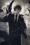  1boy absurdres black_eyes black_hair black_necktie black_pants black_suit blurry blurry_background facing_viewer finger_tattoo glint hair_between_eyes hand_up highres jjinggutluv male_focus nagumo_(sakamoto_days) necktie outdoors pants sakamoto_days sketch solo standing suit tattoo weapon 