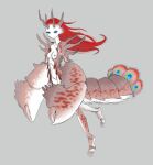  1girl arthropod_girl arthropod_limbs blue_eyes breasts carapace claws closed_mouth completely_nude crab_girl english_commentary fancyrook full_body grey_background horns long_hair looking_at_viewer monster_girl multiple_horns nipples nude original red_hair simple_background small_breasts solo tail 