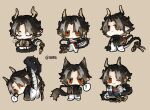  1boy ? absurdres animal_ears animal_hands arknights artist_name brown_background brown_hair cat_boy cat_ears cat_tail chibi chinese_commentary chong_yue_(arknights) closed_eyes commentary_request cup disembodied_hand dragon_boy dragon_horns dragon_tail earrings food full_body green_eyes grey_hair hand_up highres holding holding_cup horns jewelry kemonomimi_mode lifting_person long_hair long_tail looking_at_viewer looking_back low_ponytail male_focus multicolored_eyes multicolored_hair multiple_views nine5895254196 noodles on_one_knee parted_lips pointy_ears puff_of_air red_eyes seiza simple_background sitting sleeveless slit_pupils spoken_question_mark streaked_hair tail tail_raised teacup twitter_username winking_(animated) 