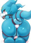  anthro ball_gag bandai_namco bdsm bent_over blue_body blush bodily_fluids bondage bound butt claws digimon digimon_(species) gag hi_res male presenting presenting_hindquarters red_eyes restraints rope rope_bondage rope_harness scalie shoru solo sweat veemon 