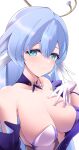  1girl absurdres aqua_eyes armpit_crease bare_shoulders blue_eyes blue_hair breasts cleavage closed_mouth collar collarbone commentary_request detached_sleeves dress earrings gloves hair_between_eyes halo hand_on_own_chest hand_up head_wings highres honkai:_star_rail honkai_(series) jewel_under_eye jewelry large_breasts light_blush long_hair looking_at_viewer low_neckline medium_breasts off_shoulder purple_collar purple_dress purple_sleeves robin_(honkai:_star_rail) sidelocks simple_background smile solo tetori_(tetolisto) two-tone_dress upper_body white_background white_dress white_gloves wings 