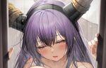  1girl absurdres arknights black_hairband black_horns blush breasts hairband highres horns large_breasts long_hair nude open_mouth paid_reward_available purple_hair red_eyes solo sweat tab_head typhon_(arknights) upper_body wet 