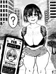 1boy 1girl body_freckles breasts cellphone city cleavage commentary curvy cutoffs denim denim_shorts ear_piercing earrings english_commentary english_text freckles gekikara_(tomboy-sama) greyscale highres holding holding_phone huge_breasts jewelry large_breasts midriff monochrome multiple_earrings open_mouth original outdoors phone piercing pov ryona_(tomboy_sama) scar scar_on_face short_hair shorts shoulder_tattoo smartphone tattoo teeth tree upper_teeth_only wanted 