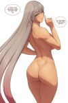  1girl ass bad_source blue_eyes blush breasts dark-skinned_female dark_skin english_text fate/grand_order fate_(series) from_behind grey_hair highres large_breasts long_hair looking_at_viewer looking_back lvl_(sentrythe2310) parted_lips simple_background solo tagme white_background zenobia_(fate) 