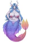 2024 absurd_res anthro anus areola big_areola big_breasts boobacafe breasts claws dragon female genitals hair hi_res horn hybrid long_hair looking_at_viewer marine merfolk mythological_creature mythological_scalie mythology navel nipples plump_labia pussy scalie solo split_form