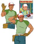  1boy baseball_cap blush brown_hair cheekbones cropped_legs dark-skinned_male dark_skin denim green_sleeves handy_manny hat highres isa_anartist jeans male_focus manuel_estevez_garcia mechanic pants pectorals pencil_behind_ear raglan_sleeves short_hair shy sparse_arm_hair thick_eyebrows toned toned_male tool_belt waving 