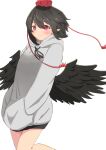  1girl alternate_costume bare_legs bird_wings black_hair black_ribbon black_wings blush closed_mouth commentary_request feathered_wings hands_in_pockets happy hat highres hood hood_down hoodie looking_at_viewer mizune_(winter) neck_ribbon pointy_ears red_eyes red_hat ribbon shameimaru_aya short_hair simple_background smile solo tassel tokin_hat touhou upper_body white_background white_hoodie wings 