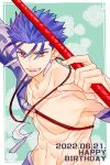  1boy blue_hair border crescent crescent_necklace cu_chulainn_(fate) dated fate/grand_order fate_(series) gae_bolg_(fate) happy_birthday jewelry kouren_(k01_numa) looking_at_viewer male_focus navel necklace open_mouth pectorals polearm red_eyes solo twitter_username weapon white_border 