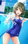  1girl absurdres blue_one-piece_swimsuit blush chain-link_fence collarbone fence green_eyes green_hair highres holding holding_hose hose idolmaster idolmaster_shiny_colors looking_at_viewer nanakusa_nichika no86484588 one-piece_swimsuit pool school_swimsuit short_hair smile solo swimsuit 