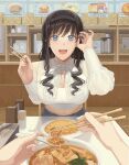  1girl adjusting_hair amagami black_hair black_hairband blue_eyes bowl breasts capelet chopsticks cleavage counter cup denim drill_hair food food_on_face hairband hands_up highres holding holding_chopsticks holding_spoon indoors jeans large_breasts leaning_forward long_hair looking_at_viewer menu morishima_haruka nanidato_(nanidat0) navel noodles open_mouth pants pov pov_hands ramen restaurant ribbed_tank_top rice rice_on_face sitting solo_focus spoon table tank_top toothpick water_boiler white_capelet white_tank_top 