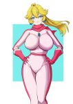  1girl aqua_eyes blonde_hair bodysuit breasts brooch crown curvy floating_hair gloves groin hands_on_own_hips highres jewelry large_breasts lips long_hair looking_at_viewer mario_(series) mario_kart mini_crown official_alternate_costume pink_bodysuit ponytail princess_peach red_gloves scarf skin_tight solo standing thighs yamamori_kinako 