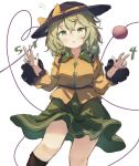  1girl ar_(maeus) black_hat blouse bow buttons diamond_button eyeball frilled_shirt_collar frilled_sleeves frills green_hair green_skirt hat hat_bow hat_ribbon heart heart_of_string koishi_day komeiji_koishi open_mouth ribbon shirt short_hair skirt solo touhou 