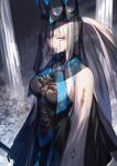  1girl black_dress black_gloves black_veil blue_eyes blue_lips bow braid breasts center_opening clothing_cutout cowboy_shot crown dress fate/grand_order fate_(series) gloves grey_hair half_up_braid holding holding_staff large_breasts long_hair long_sleeves looking_at_viewer morgan_le_fay_(fate) morgan_le_fay_(queen_of_winter)_(fate) nakanishi_tatsuya ponytail sidelocks solo staff stomach_cutout two-tone_dress veil very_long_hair 