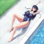  1girl absurdres action_taimanin barefoot breasts covered_navel curvy full_body green_eyes highres igawa_asagi large_breasts legs lilith-soft lying one-piece_swimsuit parted_lips pool poolside smile swimsuit taimanin_(series) toes warmcummies water wet 