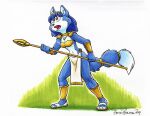 2019 anthro black_nose blue_body blue_fur blue_hair bottomwear bound breasts brian_reynolds canid canine cleavage clothed clothing dipstick_tail female footwear fox fur hair krystal&#039;s_staff krystal_(star_fox) loincloth mammal markings midriff navel nintendo open_mouth sandals solo star_fox tail tail_markings tail_tied