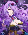  1girl artist_name breasts camilla_(fire_emblem) camilla_(resplendent)_(fire_emblem) cleavage fire_emblem fire_emblem_fates fire_emblem_heroes gloves hair_over_one_eye highres large_breasts lips long_hair official_alternate_costume parted_lips petals purple_eyes purple_gloves purple_hair smile solo teeth upper_body watermark 