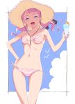  1girl absurdres armpits bikini bird blue_eyes blush bow breasts cloud cloudy_sky collarbone commentary cowboy_shot cup drink drinking_straw food from_below fruit hand_on_own_hip hat hat_bow highres holding holding_cup kakitama looking_at_viewer navel open_mouth orange_(fruit) orange_slice original pink_bikini pink_hair pink_nails shadow side-tie_bikini_bottom sky small_breasts straw_hat striped_bikini striped_clothes swimsuit teeth twintails upper_teeth_only wind 