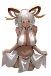  1girl absurdres alternate_costume animal_ears arknights bare_shoulders breasts carnelian_(arknights) cleavage commentary_request curled_horns dark-skinned_female dark_skin goat_ears goat_girl goat_horns highres horn/wood horns large_breasts looking_at_viewer navel open_mouth pelvic_curtain red_eyes short_hair simple_background skindentation skirt skirt_hold smile solo stomach upper_body white_background white_hair white_skirt 