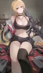  1girl absurdres ammunition ammunition_pouch assault_rifle bare_shoulders black_choker black_shorts black_sports_bra black_thighhighs blonde_hair breasts bullpup cartridge choker cleavage collarbone dog_tags expressionless fingerless_gloves girls&#039;_frontline girls&#039;_frontline_2:_exilium gloves gun hair_between_eyes highres holding holding_gun holding_weapon huinjebi jacket large_breasts long_hair looking_at_viewer magazine_(weapon) navel open_clothes open_jacket ots-14_(girls&#039;_frontline) ots-14_groza ponytail pouch rifle short_shorts shorts sidelocks single_thighhigh sitting solo_focus sports_bra thighhighs undressing very_long_hair weapon white_jacket yellow_eyes 