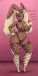  absurd_res an-tonio anthro big_breasts breasts clothed clothing condom dialogue eyelashes female fishnet_clothing fishnet_legwear generation_4_pokemon hand_on_hip hi_res legwear lopunny nintendo nipple_tape panties pasties pokemon pokemon_(species) pupils sexual_barrier_device solo tape thick_thighs thigh_highs topless underwear 