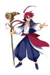  1boy adell_(disgaea) adell_(summoner)_(disgaea) ahoge alternate_hairstyle blue_pants demon_boy disgaea disgaea_rpg full_body glasses hair_between_eyes harada_takehito holding holding_staff long_hair male_focus official_alternate_costume official_art pants pointy_ears red_hair shirt shoes smile staff transparent_background 
