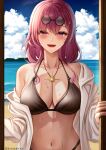  1girl absurdres armpit_crease bikini black_bikini blue_sky blush breasts cleavage cloud cloudy_sky commentary english_commentary eyewear_on_head highres honkai:_star_rail honkai_(series) jewelry kafka_(honkai:_star_rail) large_breasts long_hair looking_at_viewer navel necklace ocean open_clothes open_shirt purple_hair rayleigh_scale round_eyewear shirt sidelocks single_bare_shoulder sky smile solo stomach sunglasses swimsuit twitter_username upper_body wet white_shirt 