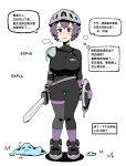  1girl absurdres armor bingbingzi blush bodysuit breasts chinese_commentary chinese_text commentary_request heavy_breathing helmet highres holding holding_shield holding_sword holding_weapon large_breasts level_up looking_at_viewer medium_hair no_pupils open_mouth original pauldrons purple_eyes purple_hair sheath shield shoulder_armor single_pauldron skin_tight slime_(creature) speech_bubble sweatdrop sword thigh_gap translation_request weapon white_background 