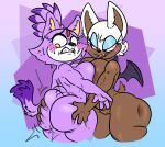anthro areola bat bat_wings big_breasts big_butt blaze_the_cat blue_background blue_eyeshadow bodily_fluids breast_squish breasts brown_areola brown_body brown_fur butt butt_grab clenched_teeth dipstick_tail domestic_cat duo embarrassed eyelashes eyeshadow fangs felid feline felis female forehead_gem fur gem genitals green_eyes hand_on_butt huge_breasts juice_king looking_back makeup mammal markings membrane_(anatomy) membranous_wings nude open_mouth open_smile purple_background purple_body purple_fur pussy rouge_the_bat sega simple_background smile sonic_the_hedgehog_(series) squish sweat sweatdrop tail tail_markings teeth thick_thighs white_body white_fur wide_hips wings yellow_eyes