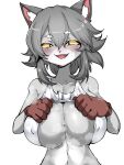 3:4 5_fingers anthro anthrofied bedroom_eyes big_breasts biped blush bodily_fluids breasts cleavage clothed clothing collarbone cute_fangs domestic_cat felid feline felis female female_anthro fingers front_view gloves grey_body grey_hair hair handwear hi_res kamen_no_hito kemono looking_at_viewer mammal narrowed_eyes navel nipple_outline open_:3 open_mouth presenting presenting_breasts pupils raised_clothing raised_shirt raised_tank_top raised_topwear safety_cat saliva seductive shirt simple_background slit_pupils solo sweat tank_top topwear white_background yellow_sclera