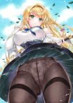  1girl 2022 artist_name ass_visible_through_thighs atelier_(series) atelier_ryza atelier_ryza_1 bare_shoulders black_pantyhose blonde_hair blue_ribbon blue_sky blush bow braid breasts bright_pupils brown_hairband commentary_request cowboy_shot curvy dated day detached_sleeves falling_leaves floating_hair flute from_below green_eyes green_skirt groin hair_between_eyes hair_bow hairband hand_up high-waist_skirt holding holding_flute holding_instrument instrument klaudia_valentz large_breasts leaf long_hair long_sleeves looking_at_viewer looking_down marker_(medium) neck_ribbon nordic_niku outdoors panties panties_under_pantyhose pantyhose parted_lips pink_bow pleated_skirt ribbon shirt single_braid skirt sky solo thighband_pantyhose traditional_media underwear very_long_hair white_panties white_shirt wind wind_lift 