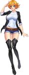  1girl action_taimanin alternate_costume belt blonde_hair blue_eyes boots breasts casual full_body highres igawa_sakura jacket large_breasts lilith-soft official_art short_hair short_shorts shorts simple_background smile solo taimanin_(series) taimanin_rpgx thigh_boots 