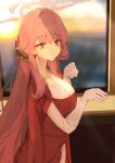  1girl absurdres aru_(blue_archive) aru_(dress)_(blue_archive) blue_archive breasts cleavage dress elbow_gloves gloves halo highres horns indoors large_breasts long_hair looking_at_viewer mochi_(jun2743) pink_halo red_dress red_eyes smile solo upper_body white_gloves window 