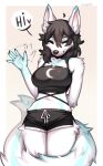 anthro athletic_wear black_hair black_nose bottomwear breasts canid canine clothed clothing crop_top eyes_closed female fluffy fluffy_tail fox fully_clothed gesture gym_bottomwear gym_shorts hair hand_behind_back happy hi_res hotpants lyra_(lyra~floof) mammal midriff shirt shorts smile solo spuydjeks tail topwear waving waving_at_viewer