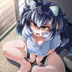 1girl animal_ears blue_hair dire_wolf_(kemono_friends) extra_ears grey_eyes highres kemono_friends kemono_friends_v_project long_hair looking_at_viewer mcgunngu ribbon shirt shorts solo sweat t-shirt tail tongue virtual_youtuber wolf_ears wolf_girl wolf_tail 