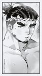  1boy ahoge bara blush doku_(hitori_ox) facial_hair goatee greyscale hachimaki headband highres inset_border large_pectorals looking_at_viewer male_focus monochrome multicolored_hair muscular muscular_male nejiri_hachimaki nude open_mouth pectorals portrait sarutahiko_(housamo) sideburns_stubble solo streaked_hair stubble sweat thick_eyebrows tokyo_afterschool_summoners topknot undercut 