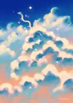  blue_clouds blue_hair blue_sky cloud cloud_focus cloudy_sky day dragon eastern_dragon highres jauni_(tofublock) orange_clouds original outdoors red_eyes scenery sky sparkle sun sunlight whiskers wide_shot 