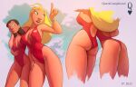  2girls ahoge arm_around_shoulder artist_name ass black_hair blonde_hair breast_envy breasts brown_eyes cleavage dark-skinned_female dark_skin dated disney from_behind green_eyes hand_on_another&#039;s_thigh large_breasts lifeguard lifeguard_(lilo_&amp;_stitch) lilo_&amp;_stitch long_hair looking_at_another looking_at_breasts medium_breasts multiple_girls nani_pelekai one-piece_swimsuit pointing queen_complex red_one-piece_swimsuit swimsuit teeth thick_thighs thighs upper_teeth_only watch web_address wristwatch 