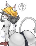 anthro anthrofied bent_over big_breasts big_butt biped blush breasts butt camel_toe clothing cute_fangs domestic_cat felid feline felis gloves grey_body grey_hair hair handwear hi_res kamen_no_hito kemono mammal nipple_outline open_:3 panties pupils question_mark safety_cat safety_helmet shirt side_boob simple_background slit_pupils speech_bubble tank_top topwear underwear white_background yellow_sclera