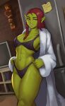 abs anthro appliance athletic athletic_anthro athletic_female bra breasts clothed clothing digital_media_(artwork) ethrk female fridge green_body green_skin grika_(ethrk) hair humanoid humanoid_pointy_ears inside kitchen_appliance medium_breasts midriff not_furry open_clothing open_robe orc panties red_hair robe smile solo tusks underwear