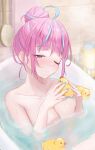  1girl absurdres bath bathing bathtub blue_hair blue_nails blush breasts closed_eyes completely_nude hair_bun highres hololive kmdr_04 large_breasts long_hair minato_aqua multicolored_hair nose_blush nude partially_submerged pink_hair purple_eyes rubber_duck solo streaked_hair virtual_youtuber water 