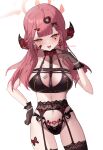  1girl alternate_costume aru_(blue_archive) black_gloves black_panties black_thighhighs blue_archive blush breasts brown_horns chariot.f choker collarbone cowboy_shot demon_horns gloves halo highres horns large_breasts long_hair looking_at_viewer navel open_mouth panties pink_hair pink_halo red_choker signature simple_background smile solo thighhighs underwear white_background yellow_eyes 